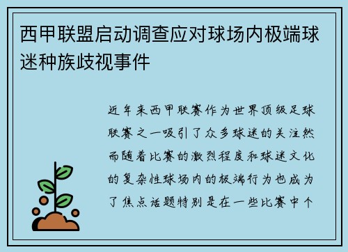 西甲联盟启动调查应对球场内极端球迷种族歧视事件
