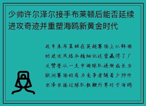 少帅许尔泽尔接手布莱顿后能否延续进攻奇迹并重塑海鸥新黄金时代 少帅许尔泽尔接手布莱顿后能否延续进攻奇迹并重塑海鸥新黄金时代